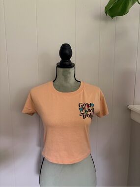 Peach Short Sleeve Graphic Crop Tee with 'Good Luck Trolls' Print